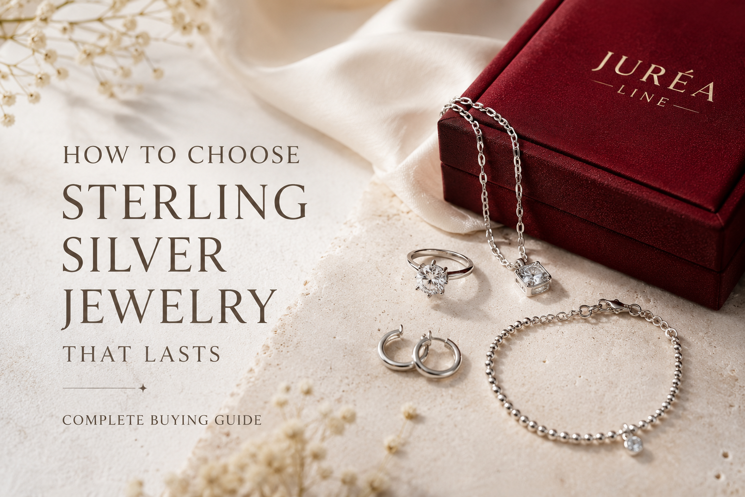 925 sterling silver jewelry displayed on a natural stone tray with silver rings, earrings, and a necklace in a minimalist luxury setting.