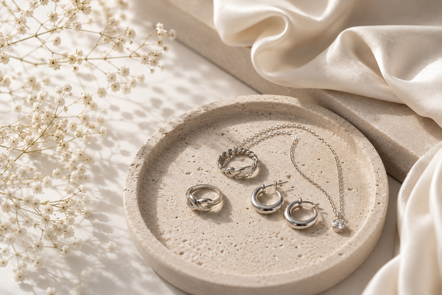 Flat lay of 925 sterling silver jewelry including rings, earrings and a necklace on a natural stone tray with soft beige fabric and delicate flowers.
