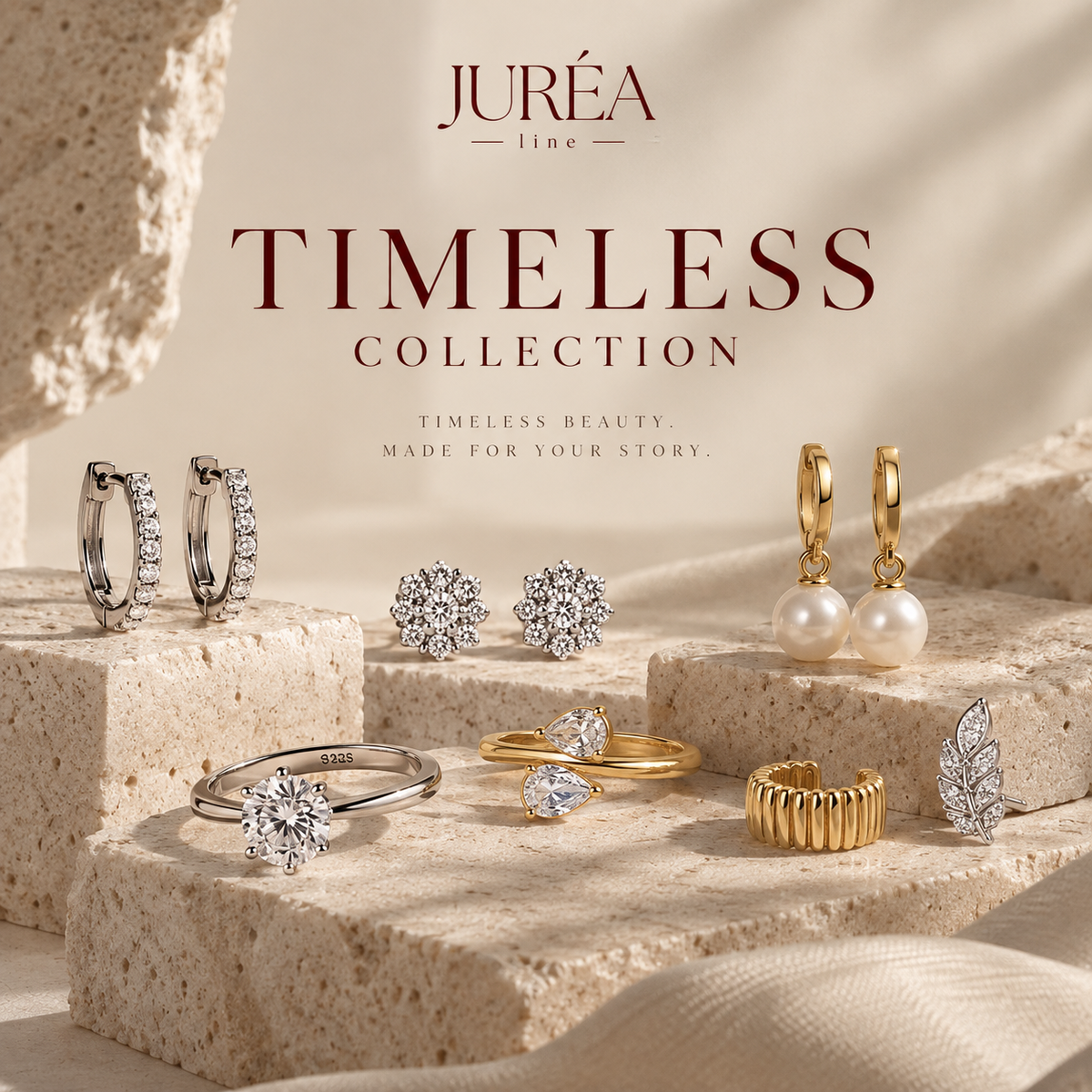 JURÉA Timeless Collection featuring elegant 925 sterling silver rings and earrings in a minimalist luxury style.