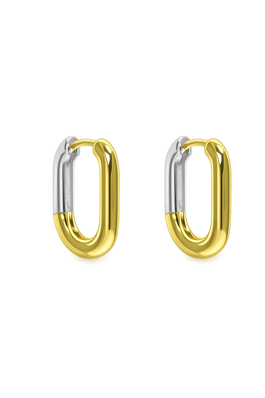 JURÉA Équilibre Hoops crafted from premium 925 sterling silver with rhodium and 18K gold-plated finishes in an elongated two-tone hoop design.