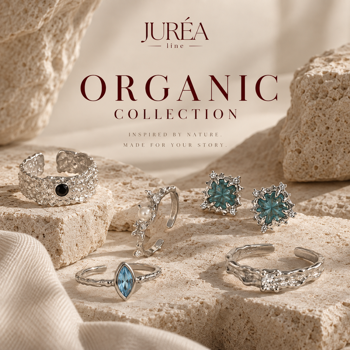 JURÉA Organic Collection premium 925 sterling silver solitaire ring with organic design on a burgundy background