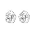 A pair of silver-toned flower-shaped stud earrings with a clear central gemstone, shown on a plain white background.