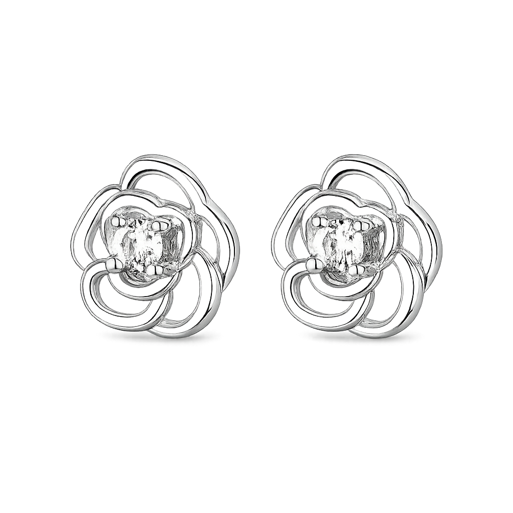 A pair of silver-toned flower-shaped stud earrings with a clear central gemstone, shown on a plain white background.