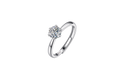 A silver solitaire engagement ring with a round brilliant-cut diamond set in a four-prong setting, shown on a plain white background. The inside of the band features a '925' sterling silver hallmark.