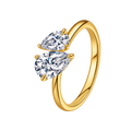 A gold ring featuring two pear-cut clear gemstones in a staggered setting, shown on a plain white background.