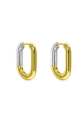 JURÉA Équilibre Hoops crafted from premium 925 sterling silver with rhodium and 18K gold-plated finishes in an elongated two-tone hoop design.