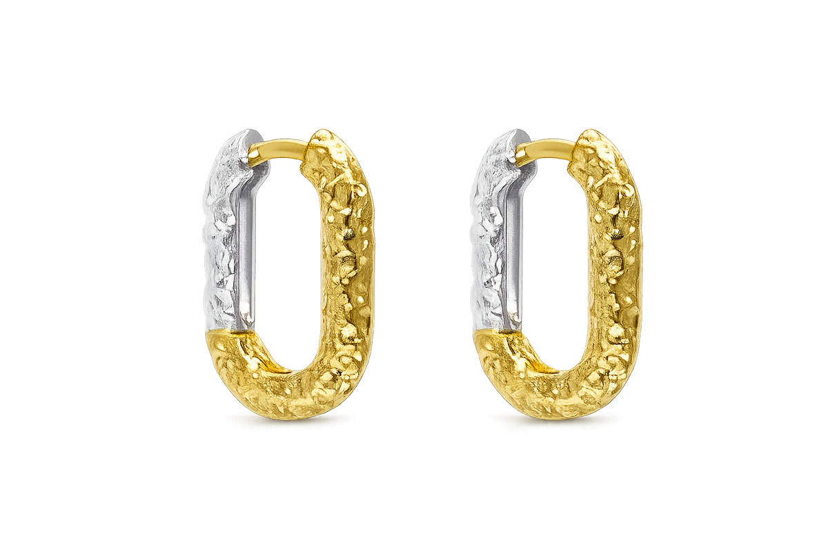 JURÉA Écorce Hoops crafted from premium 925 sterling silver with rhodium and 18K gold-plated finishes in an organic hammered design.