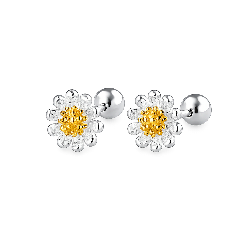 A pair of silver-toned daisy stud earrings with a textured yellow center and clear faceted petals, shown on a plain white background.