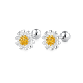A pair of silver-toned daisy stud earrings with a textured yellow center and clear faceted petals, shown on a plain white background.