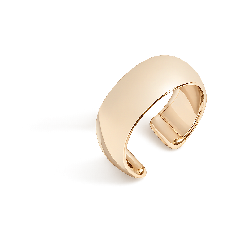 A polished gold-toned open cuff ring, photographed on a clean white background.