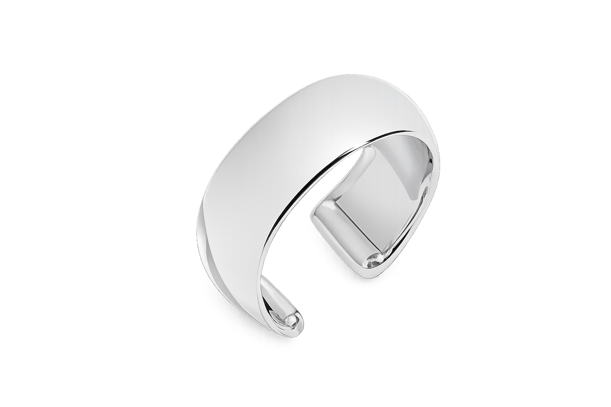 A polished silver-toned open cuff ring, also known as a band ring, shown on a clean white background.