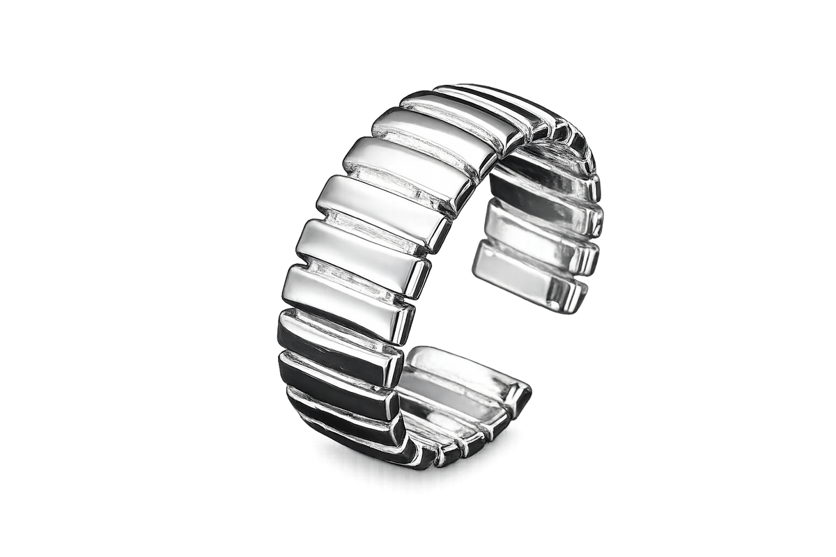 JURÉA Cadence Ear Cuff crafted from premium 925 sterling silver with a rhodium finish in a structured layered design.