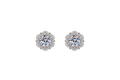A pair of silver-toned stud earrings with round-cut iridescent center stones surrounded by small clear stones in a floral halo setting, shown on a plain white background.