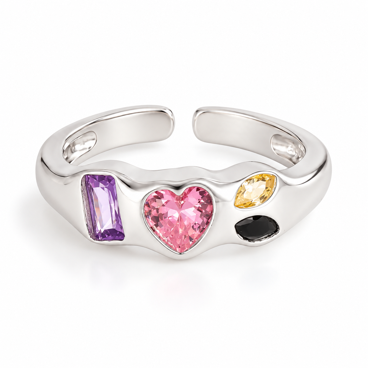 A silver adjustable ring featuring a wavy band with four colorful gemstones: a purple rectangular stone, a pink heart-shaped stone, a yellow marquise-shaped stone, and a small black oval stone.